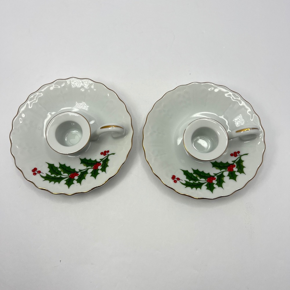 Vintage Holly Berry Candle Holders Porcelain Gold Trim Holiday Christmas Macy's